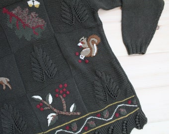 WOODLAND animals sweater | dark olive green sweater | embroidered deer squirrel acorns sweater