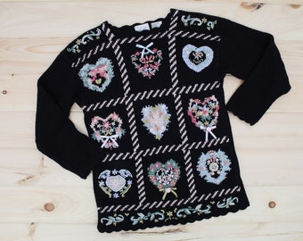 HEART embroidery sweater | Kathie Lee sweater | pastel embroidered hearts bows sweater