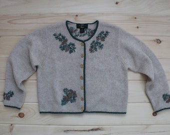 PINECONES wool cardigan | beige embroidered pine branches and pinecones cardigan