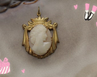 Antique cameo pendant | 1910s large gold brass pendant | coral cameo lady crown pendant