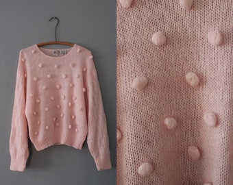 TEA rose pink pom pom sweater | 90s Ninon De Lenclos sweater | mohair cropped popcorn sweater