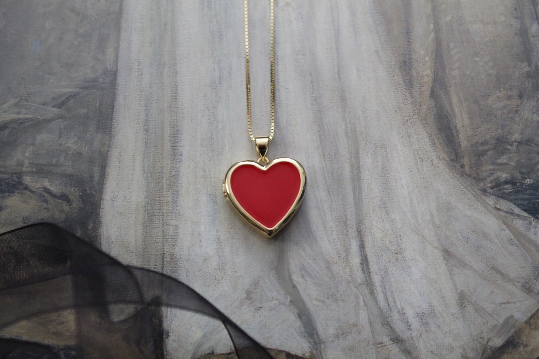 RED Heart Locket Necklace Victorian Gothic Dark Romantic Puffy Heart