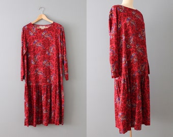 CHERRY red drop waist dress | flapper inspired dress | paisley botanical dress