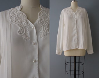 LACE scalloped collar blouse | 90s secretary blouse | romantic white chemise