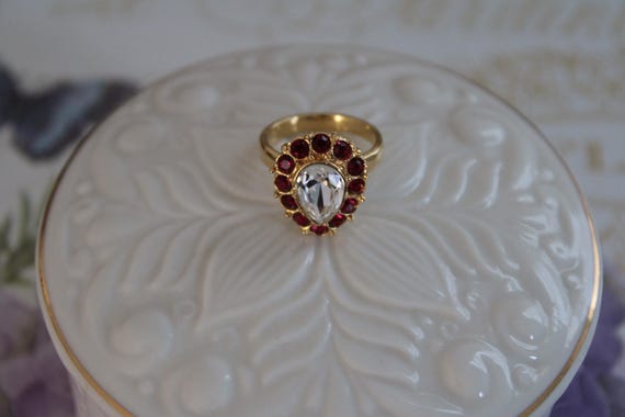 Red Rhinestone statement ring | Teardrop Marquise… - image 1