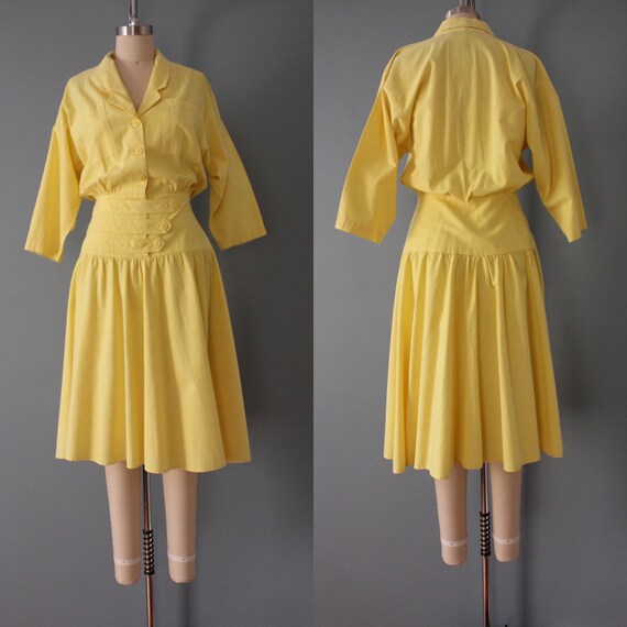 LEMON yellow dress | cummerbund waist shirtdress … - image 10