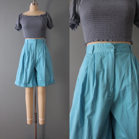 sky blue cuffed shorts | 90s culotte shorts | cot… - image 1