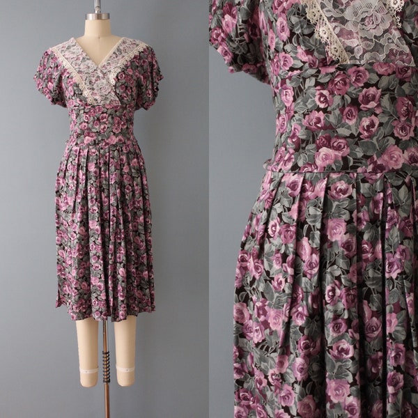 LILAC summer dress | 1980s lace collar dress | cummerbund waist dress