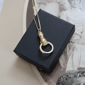 Victorian Hand charm necklace | Antique 14K gold plated hand holding ring necklace | 925 box chain necklace