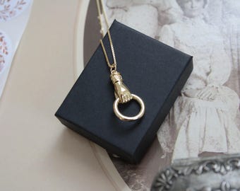 Victorian Hand charm necklace | Antique 14K gold plated hand holding ring necklace | 925 box chain necklace