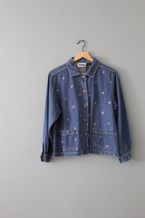 leaf embroidery denim jacket 90s Y2K denim croppe… - image 2