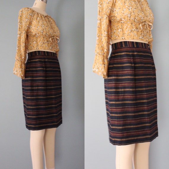 STRIPED linen mini skirt | 90s linen dark brown s… - image 5