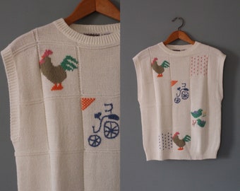 vintage sweater vest | 90s embroidered roosters bicycle snails vest | cotton spring vest