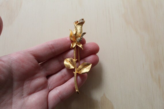 ROSE stem brooch | gold dipped rhinestone rose br… - image 6