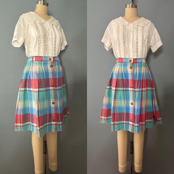 Land End Plaid Cotton Skirt | Button Down Pleated Flare Skirt