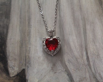 GOTHIC HEART filigree charm necklace | Gothic Victorian Witchy rhinestone red heart necklace | dark sterling silver plated chain