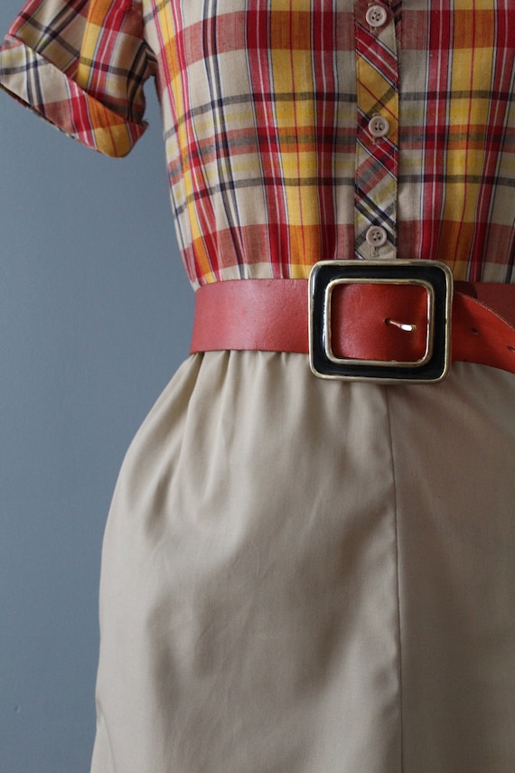 AUTUMN red leather belt | 80s square buckle belt