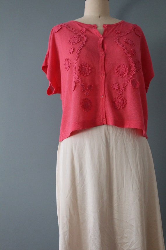 ROUGE pink silk top | crochet flowers appliqué to… - image 4