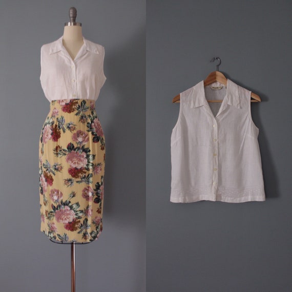 PORCELAIN white line top | eyelet bottom linen top