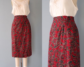 CARMIN red paisley skirt | wrap around pencil skirt | cotton paisley boho skirt