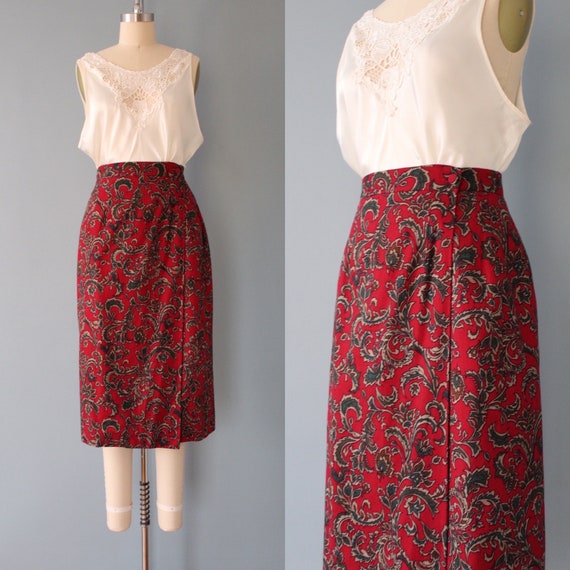CARMIN red paisley skirt | wrap around pencil skir
