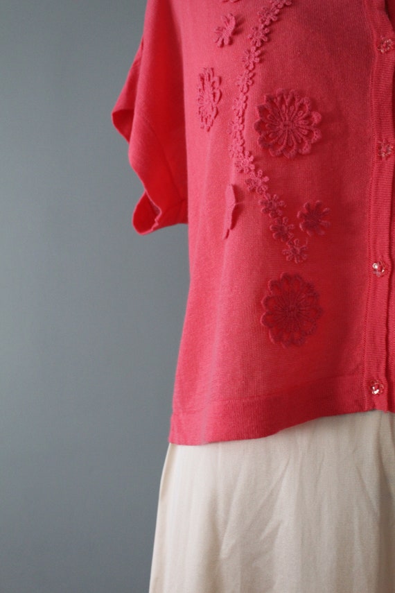 ROUGE pink silk top | crochet flowers appliqué to… - image 5