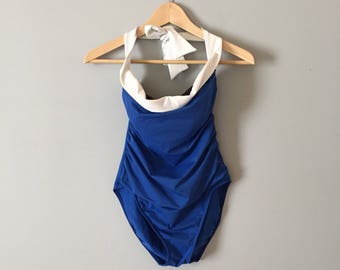 cobalt blue one piece swimsuit | white foldover halter straps maillot