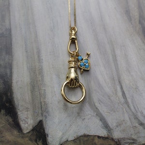 Victorian Hand and Charms Necklace 14K Gold Plated Carabiner