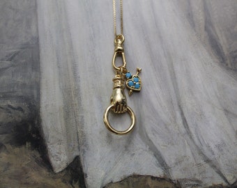 Victorian Hand and charms necklace | 14K gold plated carabiner charm holder necklace | gift for her | 925 box chain necklace