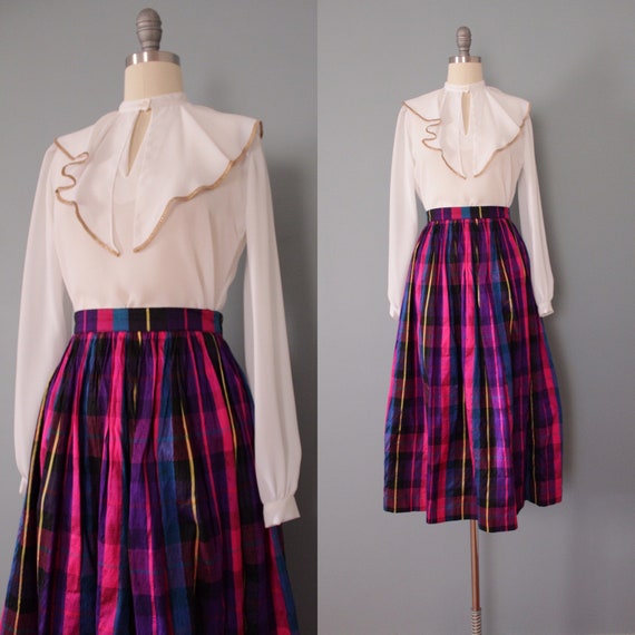 PLAID silk skirt | flounce full maxi skirt | raw s