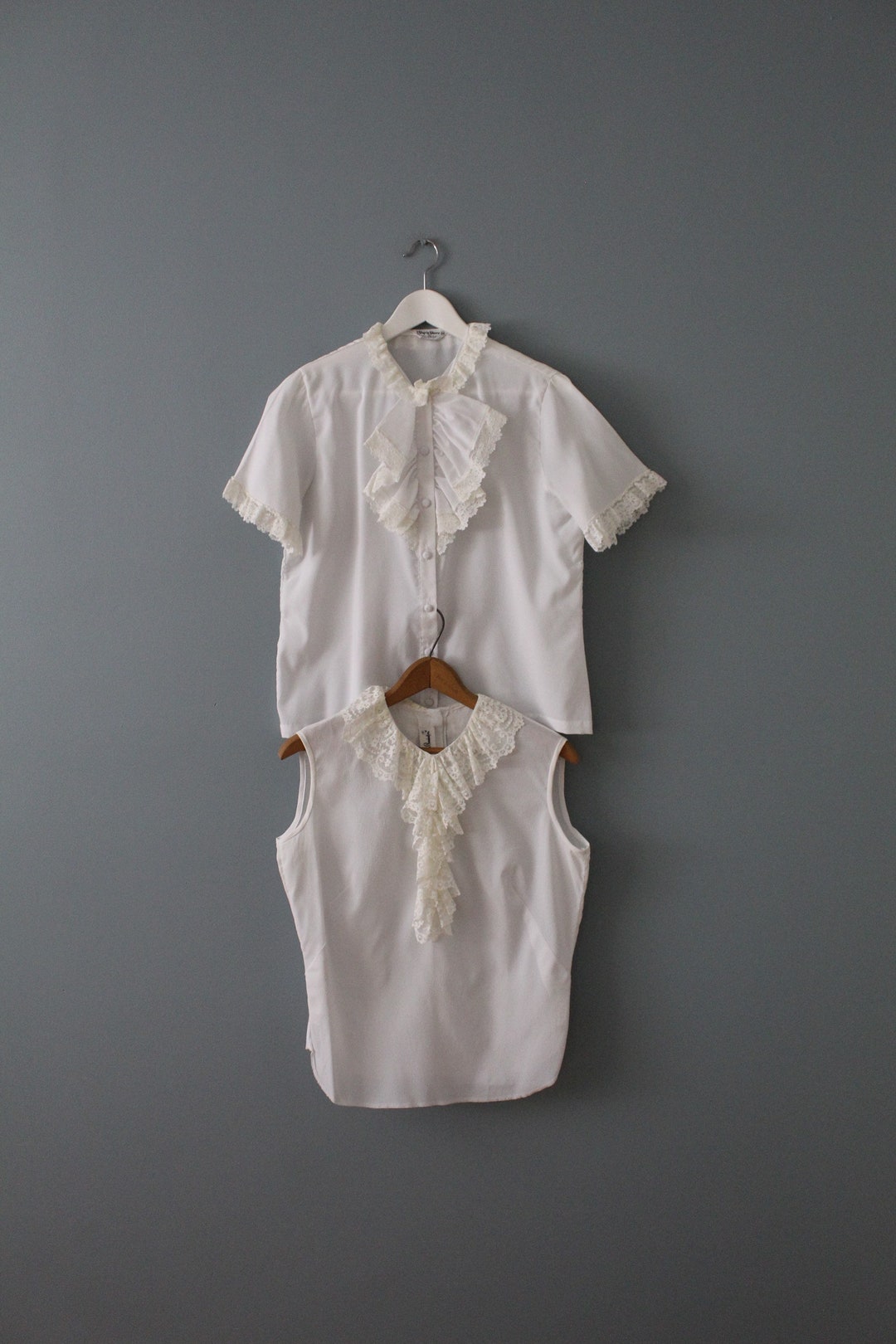 1960s Lace Ruffled Jabot Blouses Bisque White Mod Chemises Etsy