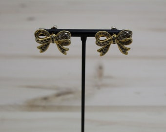 vintage bow stud earrings | 90s gold brass rhinestone earrings