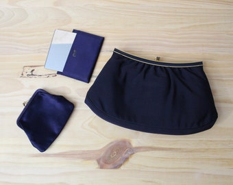1940s silk clutch set | dark blue clutch with small kiss lock wallet and mirror