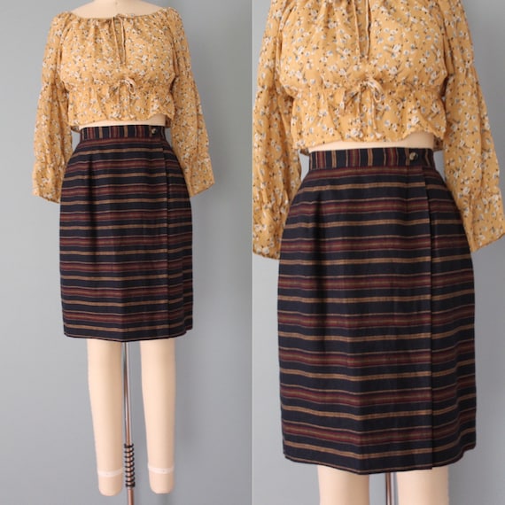 STRIPED linen mini skirt | 90s linen dark brown s… - image 4