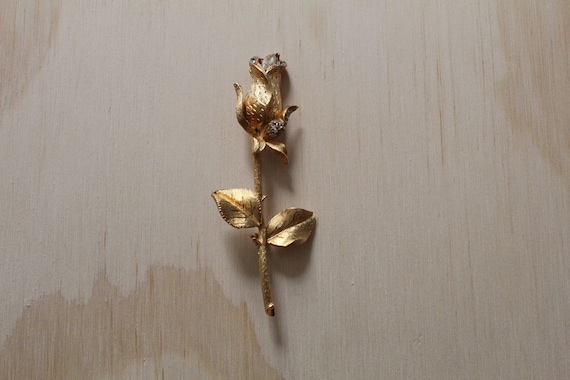 ROSE stem brooch | gold dipped rhinestone rose br… - image 1