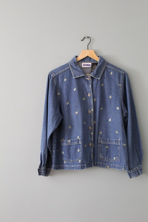 leaf embroidery denim jacket 90s Y2K denim croppe… - image 3