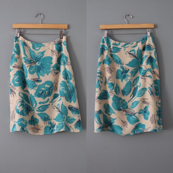 AZURE blue splatter flowers silk skirt - image 4