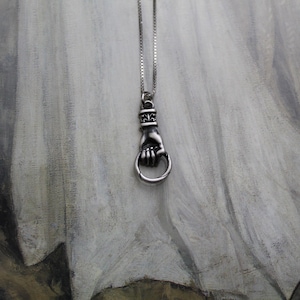 Gothic Victorian Hand charm necklace | Antiqued dark hand holding ring necklace | 925 box chain necklace