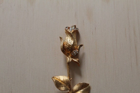 ROSE stem brooch | gold dipped rhinestone rose br… - image 3