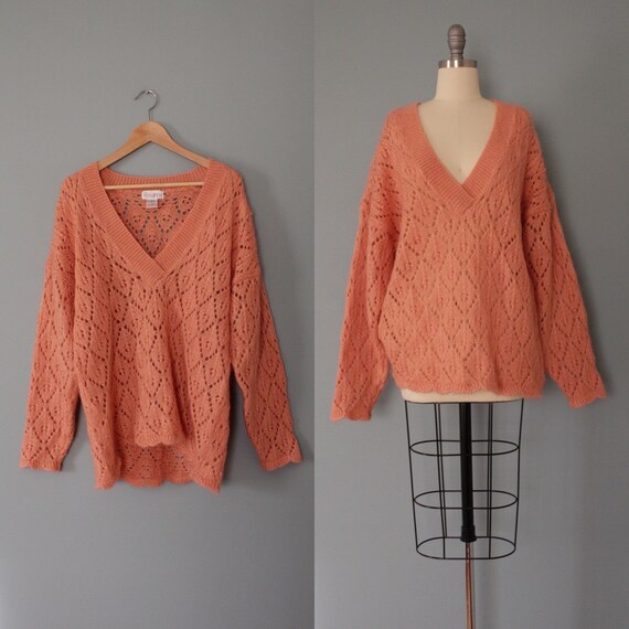 SALMON pink mohair sweater | diamond eyelet knit s