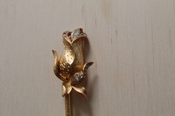 ROSE stem brooch | gold dipped rhinestone rose br… - image 4
