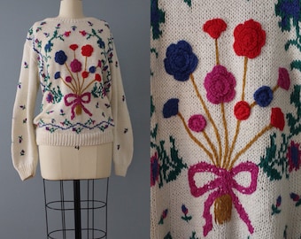 FLOWER bouquet sweater | crochet 3D flowers with bow sweaters | hand knitted spring sweater