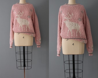 MOOSE intarsia sweater | 1990s LizWear linen and cotton sweater | dusty pink linen oversized sweater