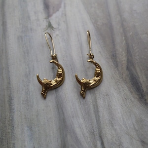 Art Nouveau Lady Moon earrings | small golden brass lady on the moon earrings | gift for her | gothic dramatic art nouveau earrings