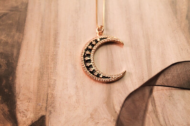 Victorian Black Moon Necklace | Gothic Witchy 14K Gold Plated Moon ...