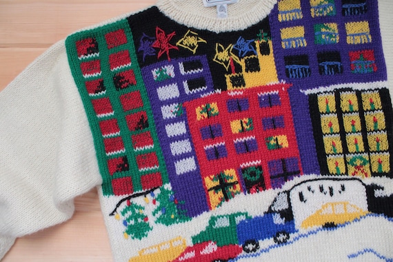 Christmas City cars buildings wool sweater