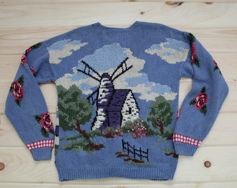 WINDMILL cardigan | spring cottage farm homestead trees chickens ducks garden wind mill cardigan | periwinkle blue cardigan