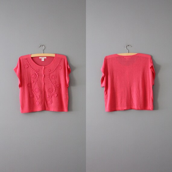 ROUGE pink silk top | crochet flowers appliqué to… - image 3