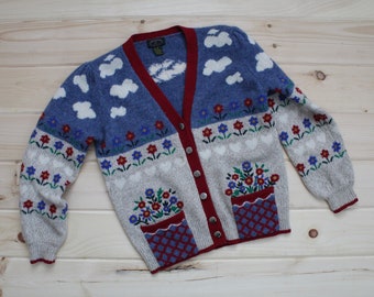 cardigan fleuri à poches | cardigan nuages et fleurs | cardigan printanier en laine chaude