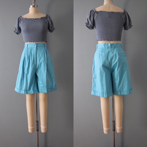 sky blue cuffed shorts | 90s culotte shorts | cot… - image 3